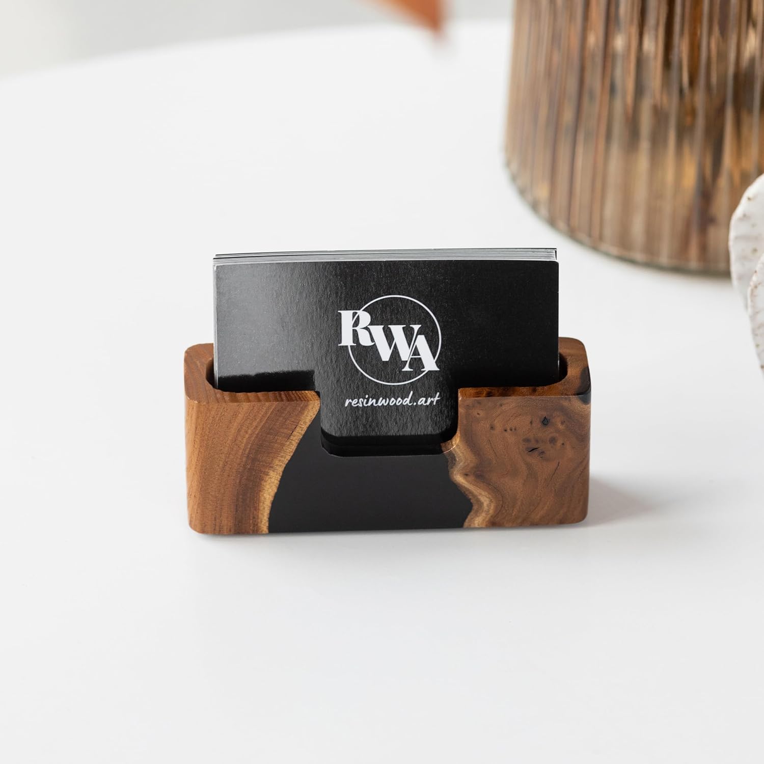 RWA Black Business Card Holder – Luxury Square Desk Organizer, Stylish Office Decor, Slim Card Holders - Wood & Epoxy Card Display Stand for Men and Women, Office Desk Accessories - SMART, black