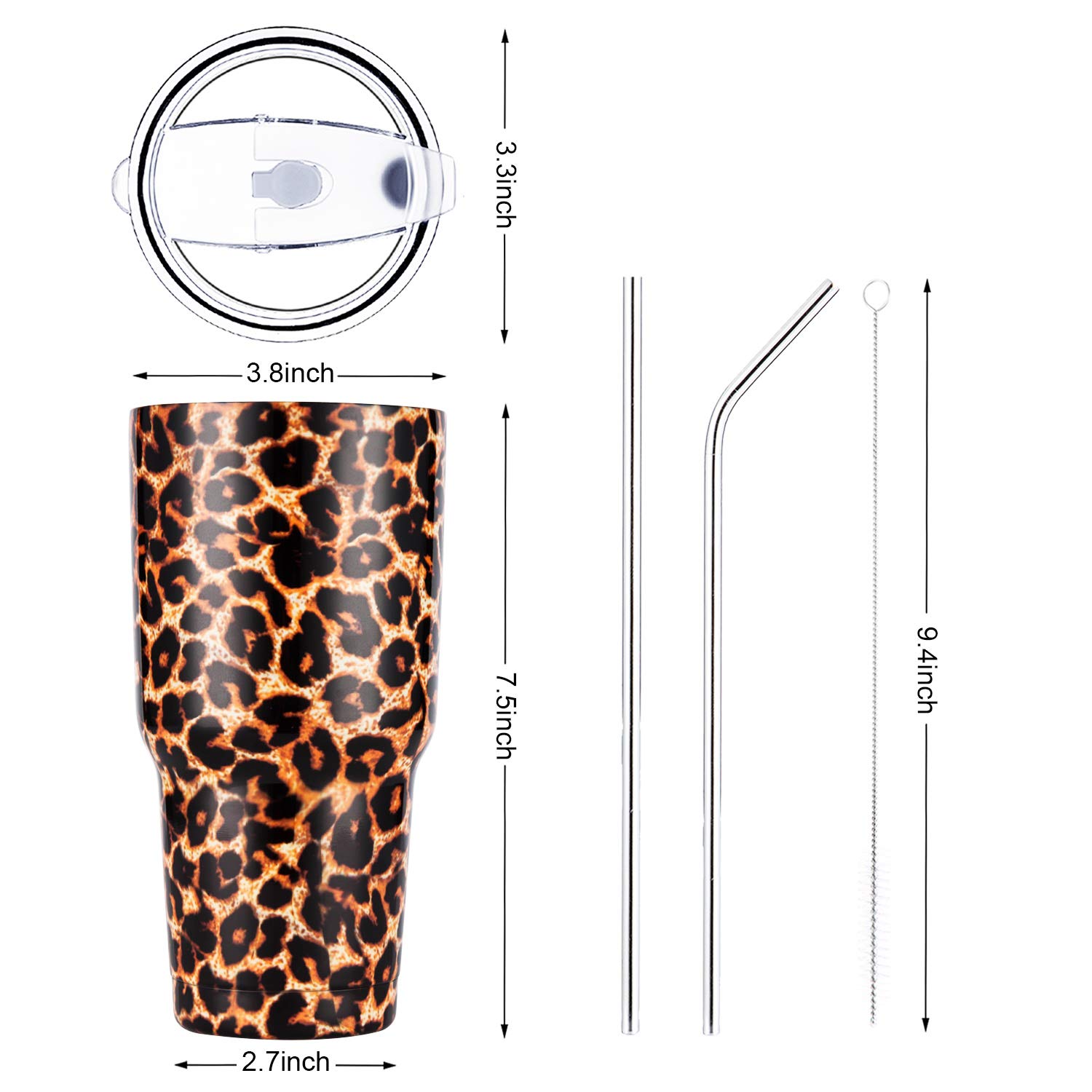 Thermobecher mit Leopardenmuster, Edelstahl, isoliert, mit Strohhalm-Deckel, Reinigungsbürste (850 ml Leopard)
