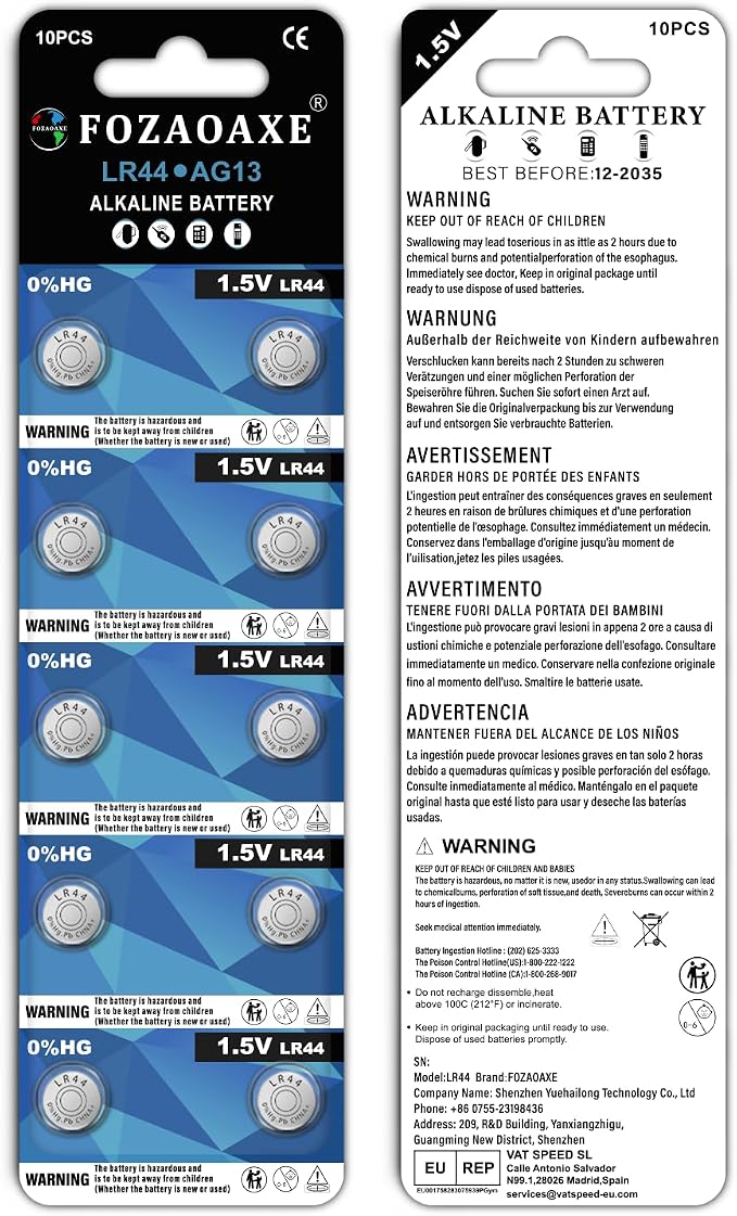 Paquete de 10 pilas LR44 alcalinas 1.5V para dispositivos miniatura 8