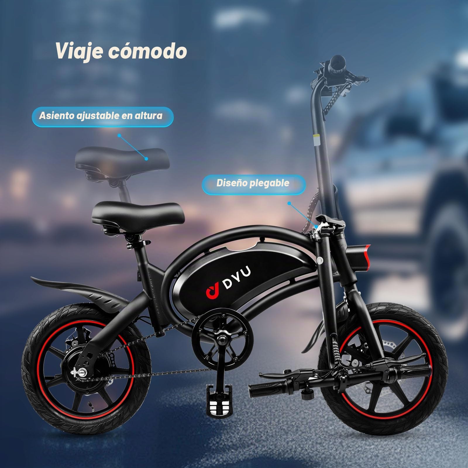 DYU Bicicleta Eléctrica Plegable,14 Pulgadas Portátil Bicicleta Eléctrica,Inteligente E-Bike con Asistencia de Pedal, Altura Ajustable,Portátil Compacta,Unisex Adulto