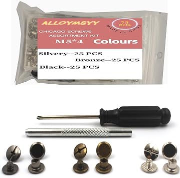 75 Chicago Screw Assembly Kit with Mounting Tool Kit, 3 Colors of Leather Rivets Screw Rivets for DIY Leather Craft and Binding Black Silver Bronze Color 5 x 4mm