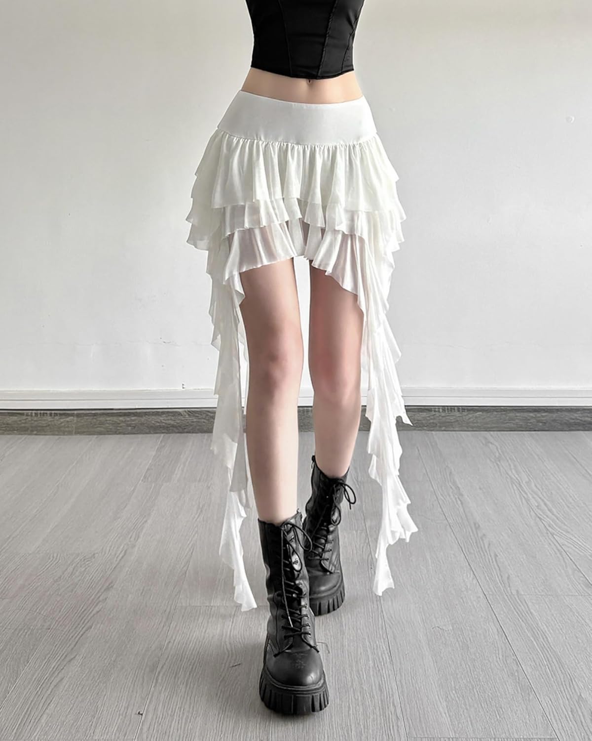 Women's Lace Mesh Tassels Tiered Mini Skirts Y2K Punk Asymmetrical Hem Ruffle Layered Club Rave Skirt with Shorts