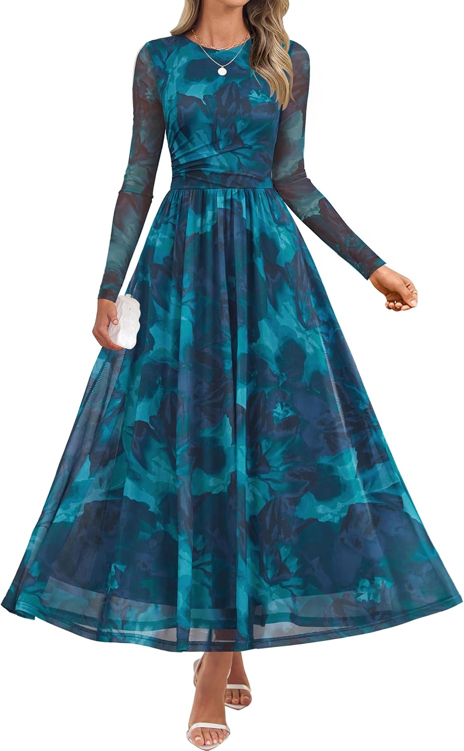 ZESICA womens fall long sleeve floral print mesh dress