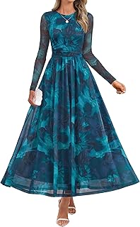 Women's Maxi Dress 2026 Fall Long Sleeve Crewneck Floral Print Mesh Ruch...