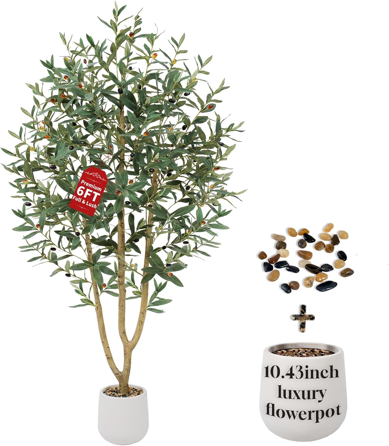 6FT Olive Trees Artificial, Large Faux Olive Tree with White Tall Planter, Faux Tree Indoor with Lush Lifelike Fruits for Living Room Bedroom Balcony Corner Office Home Decor