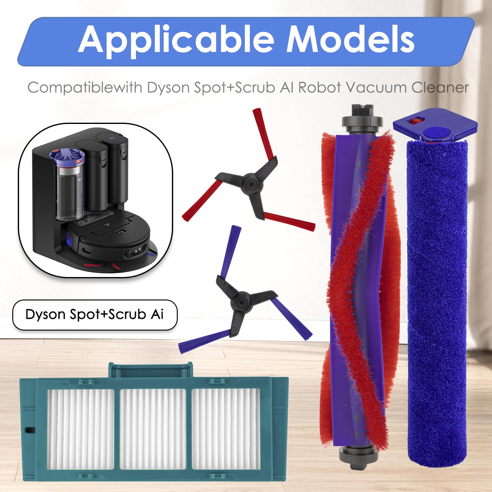 (8 Piezas) Spot+Scrub AI Repuestos Compatibles con la Aspiradora Robot Dyson Spot+Scrub AI, 1 Cepillo Giratorio, 1 Mopa Giratoria, 4 Cepillos Laterales, 2 Filtros HEPA, Kit de Accesorios