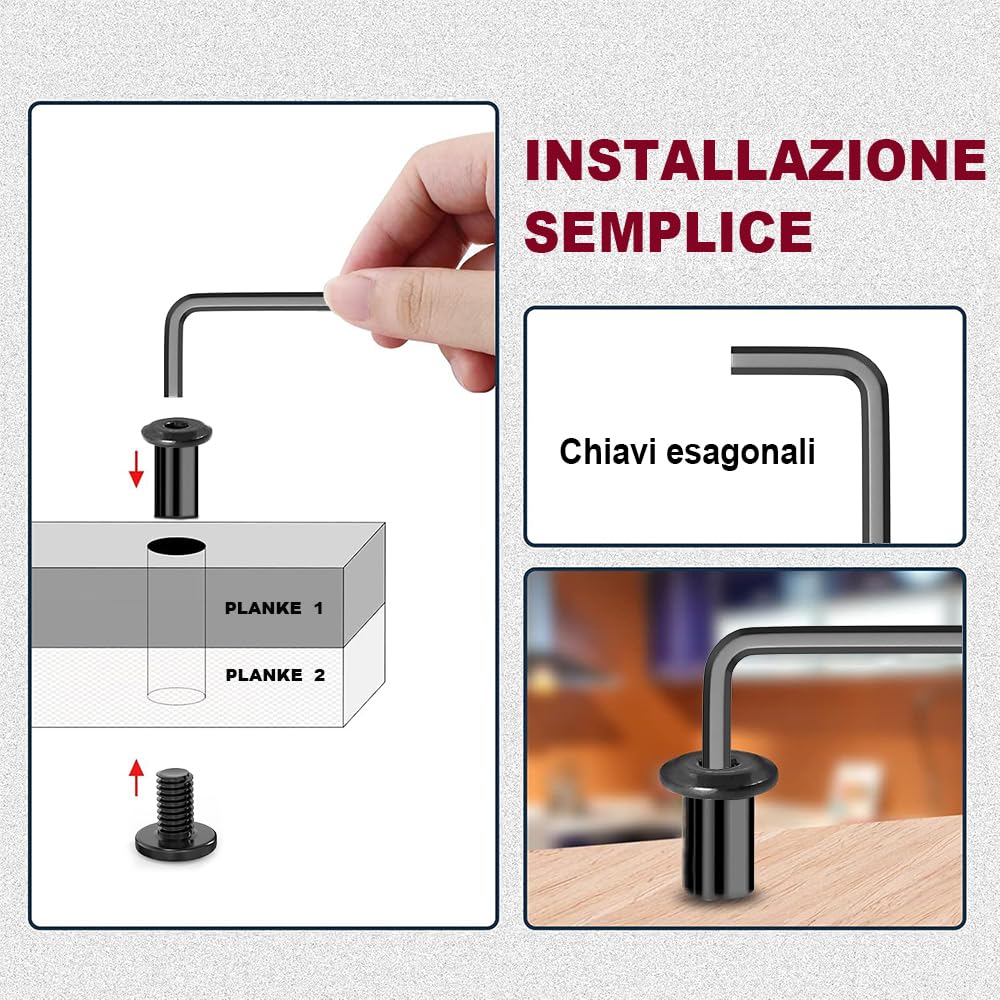 ORTAVA 20 Viti di Collegamento M4 x 10 mm, Viti per Mobili, Dado a Manicotto M4, Viti a Manicotto, in Acciaio Inox A2 V2A, Ossido Nero, Connettore per Armadio con Chiavi a Brugola