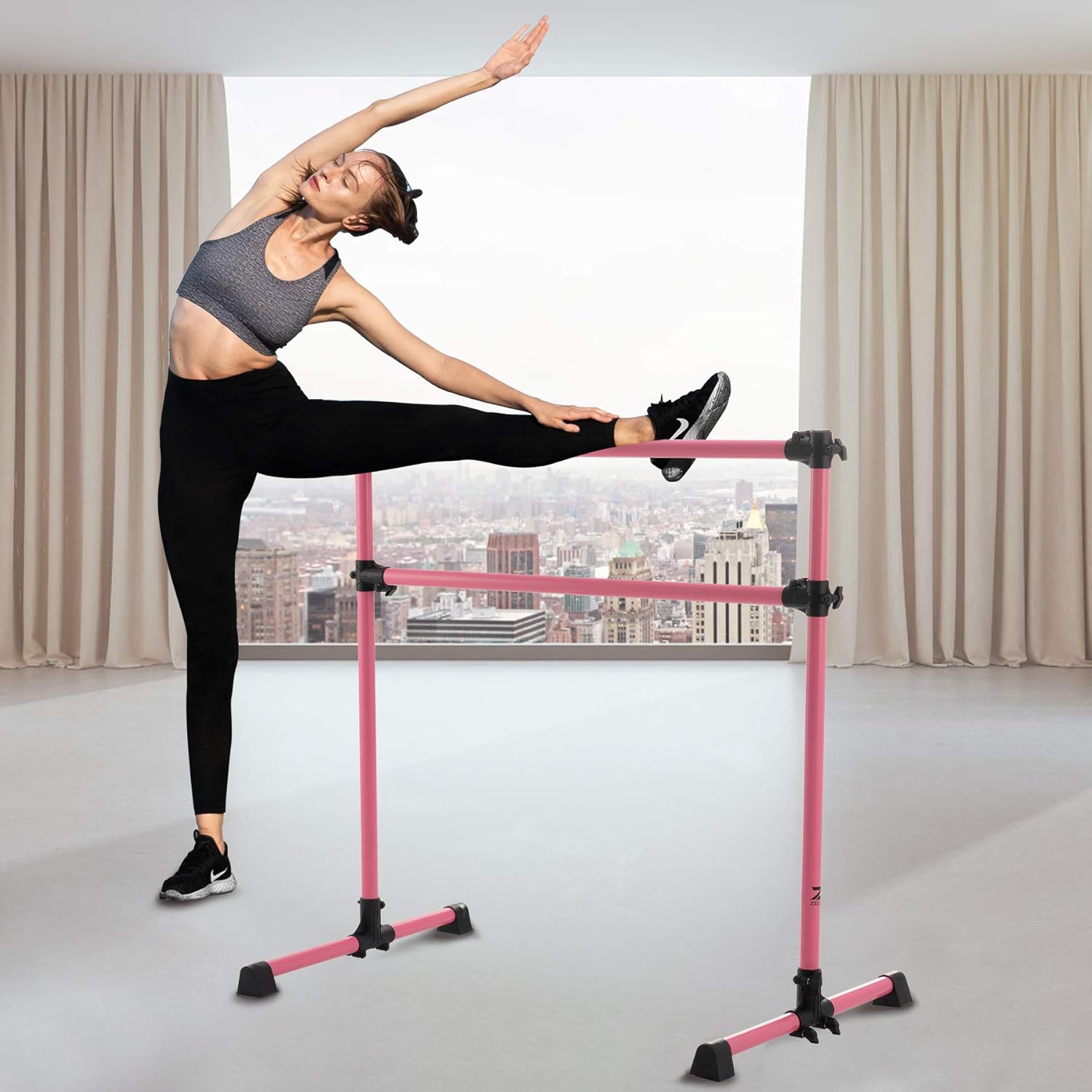 ZELUS 4ft Portable Ballet Barre for Home Gym | Freestanding Dance Exercise Equipment for Home Workouts Fitness Flexibility Training with Stretch Band and Tote (Pink) : Sports & Outdoors