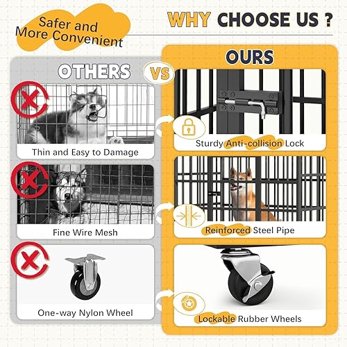 Miniatura 6 de Jaula para perros indestructible de alta resistencia de 48 pulgadas, jaula grande para perros con ruedas y cerraduras resistentes, perrera para