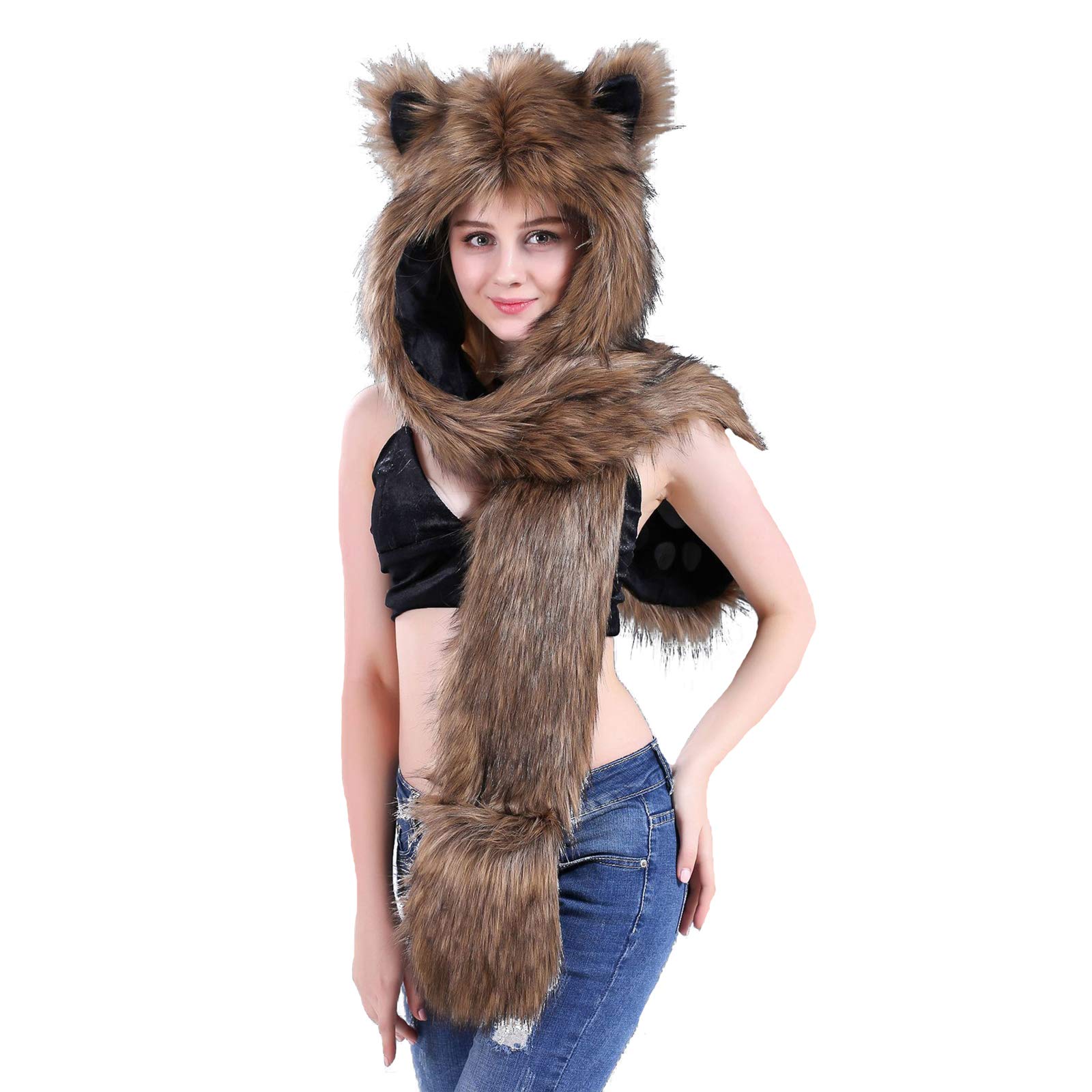 Xinchia Women's Brown Faux Fur 3 In 1 Hat, Gloves, Scarf - Full Hood, Warm, Soft, Fluffy Trapper Hat With Mitten Pocket Gloves - Long Scarf