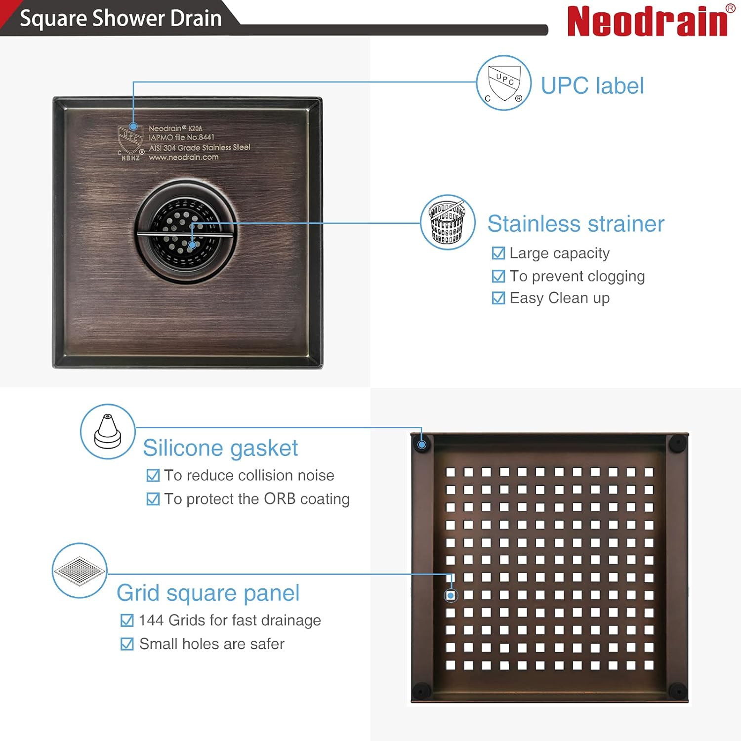 Neodrain 6 in Square Shower Drain, Oil Rubbed Bronze, Removable Quadrato Pattern Grate, with PVC Shower Drain Base and Rubber Gasket, Square Drainage. CUPC Certified, Includes Hair Strainer, ORB