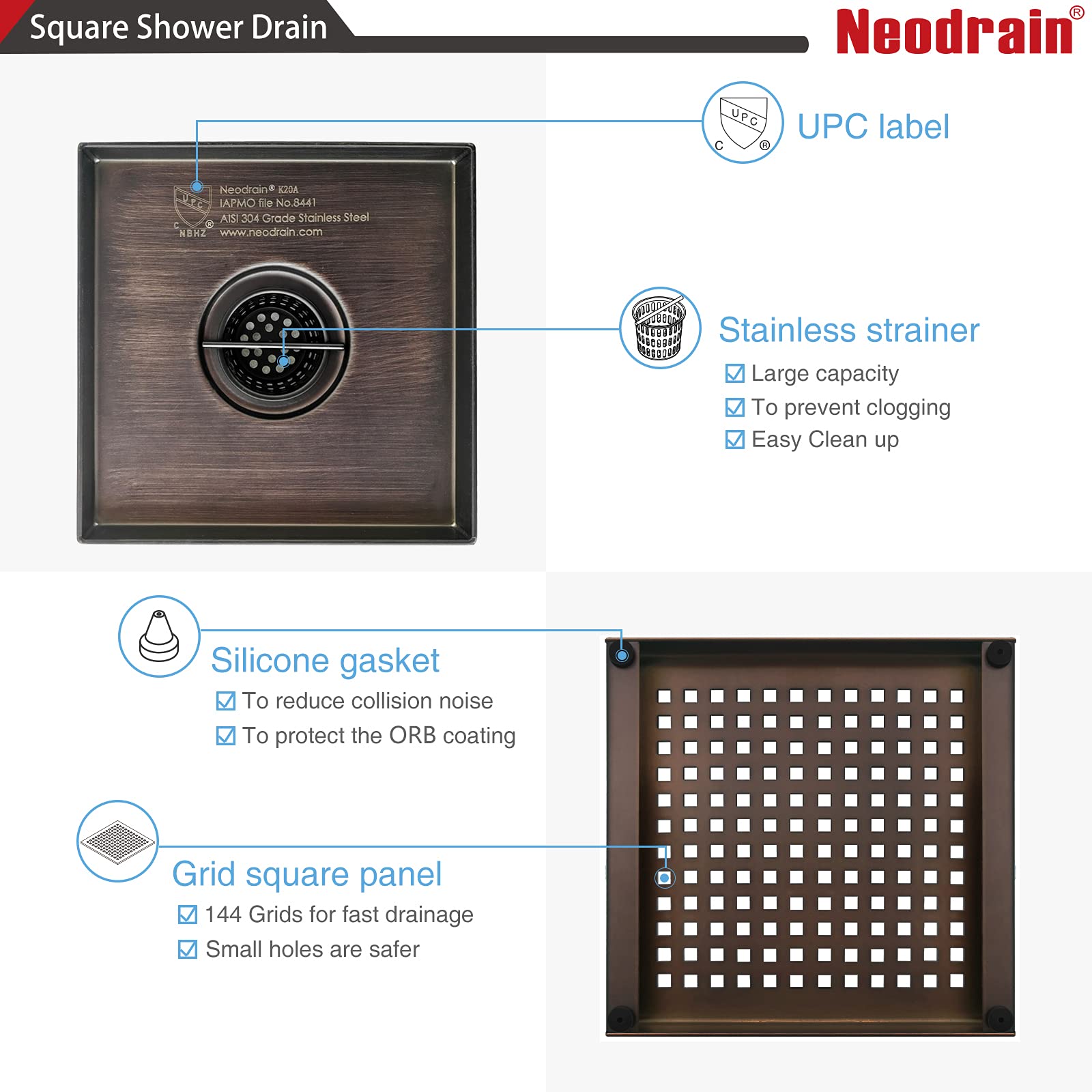 Drenaje cuadrado de 6 pulgadas con rejilla extraíble de bronce aceitado, base de drenaje de PVC y junta de goma, drenaje de 6 pulgadas con certificación WATERMARK y CUPC, incluye colador de pelo. 8