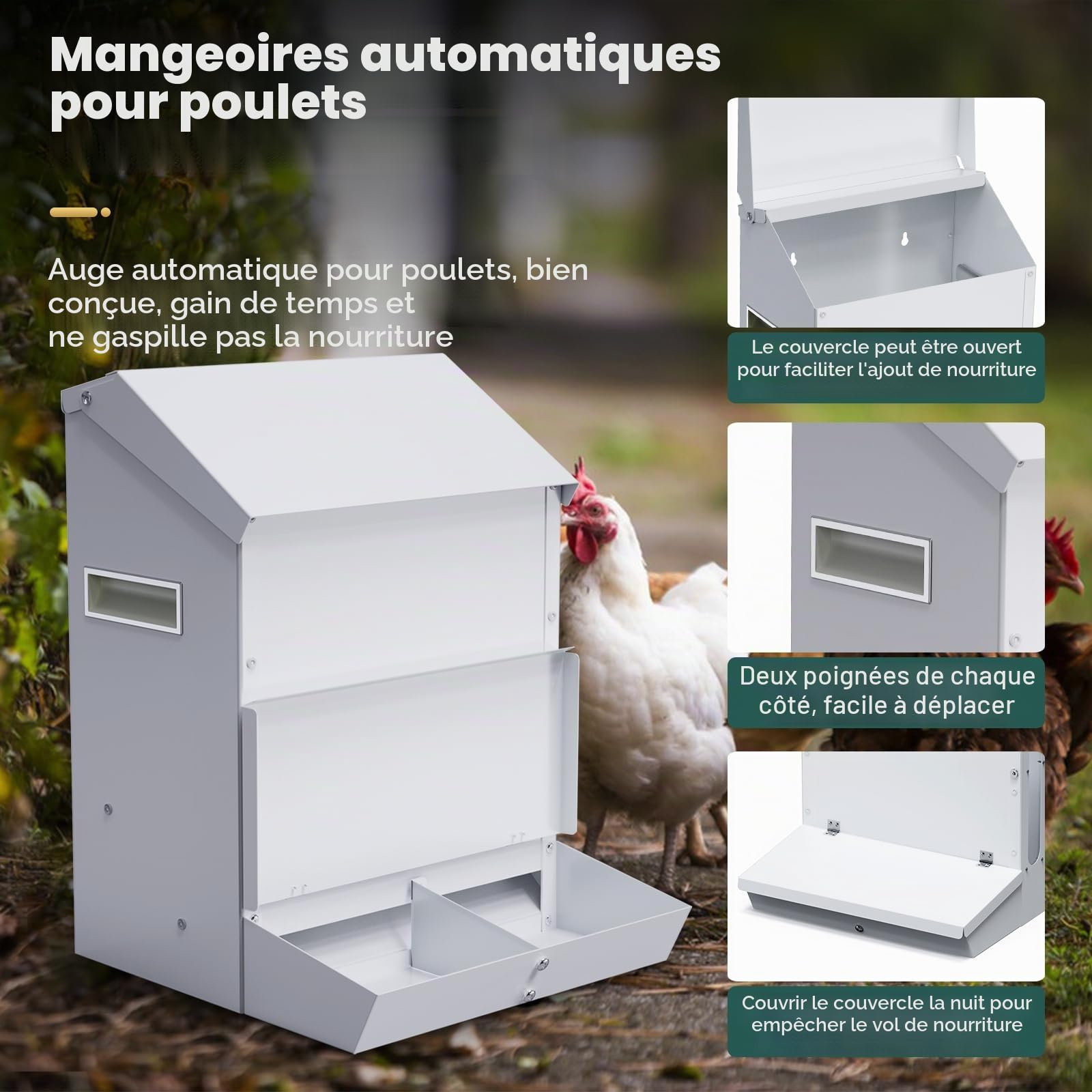 Mangeoire Automatique pour Poules de 25LBS Sans Déchets Mangeoire à Volaille avec Pelle Montage Mural Distributeur de Nourriture pour Volailles