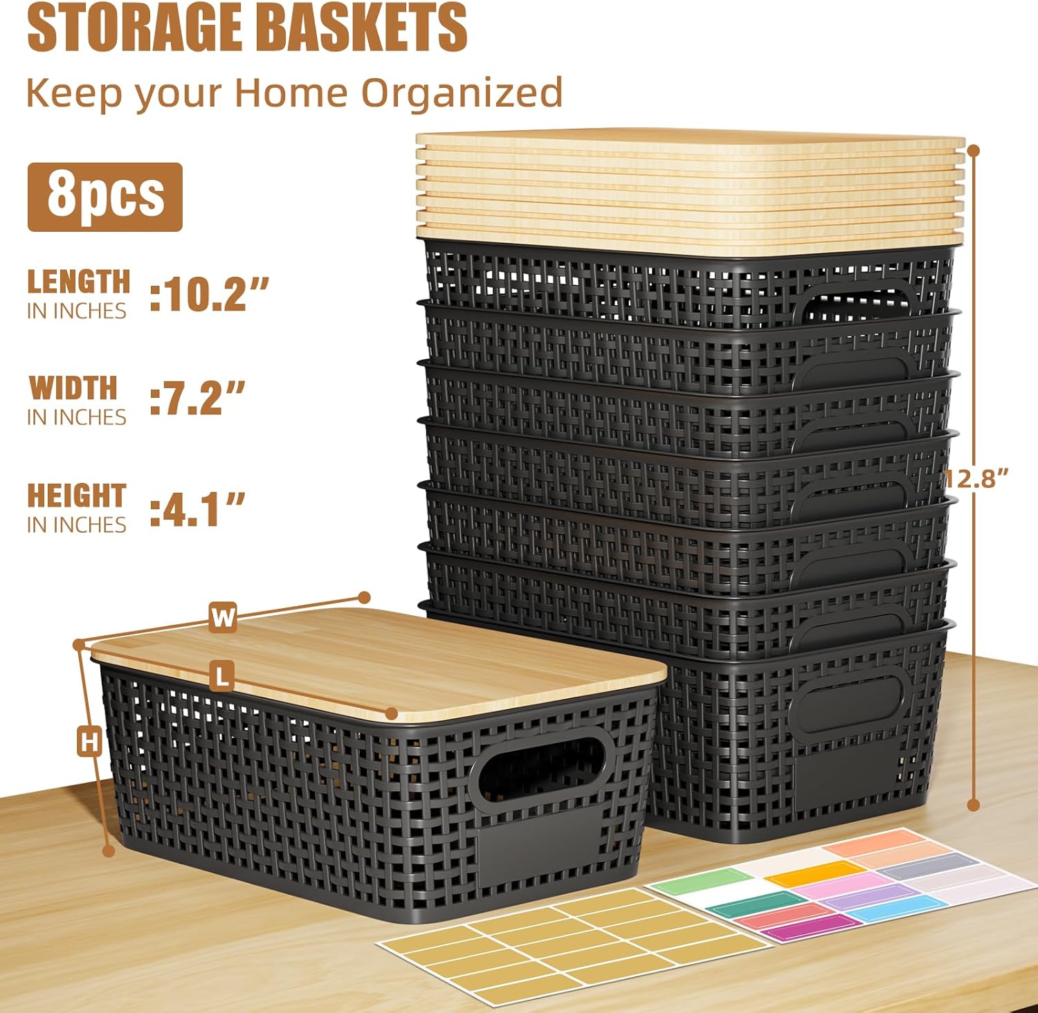 8 PCS Plastic Storage Bins with Bamboo Lid, Stackable Storage Baskets with Lids & Labels for Organizing, Storage Bins for shelves, Office, Drawer, Cabinet & Pantry,Nursery Organization,10.2*7.2*4.1In