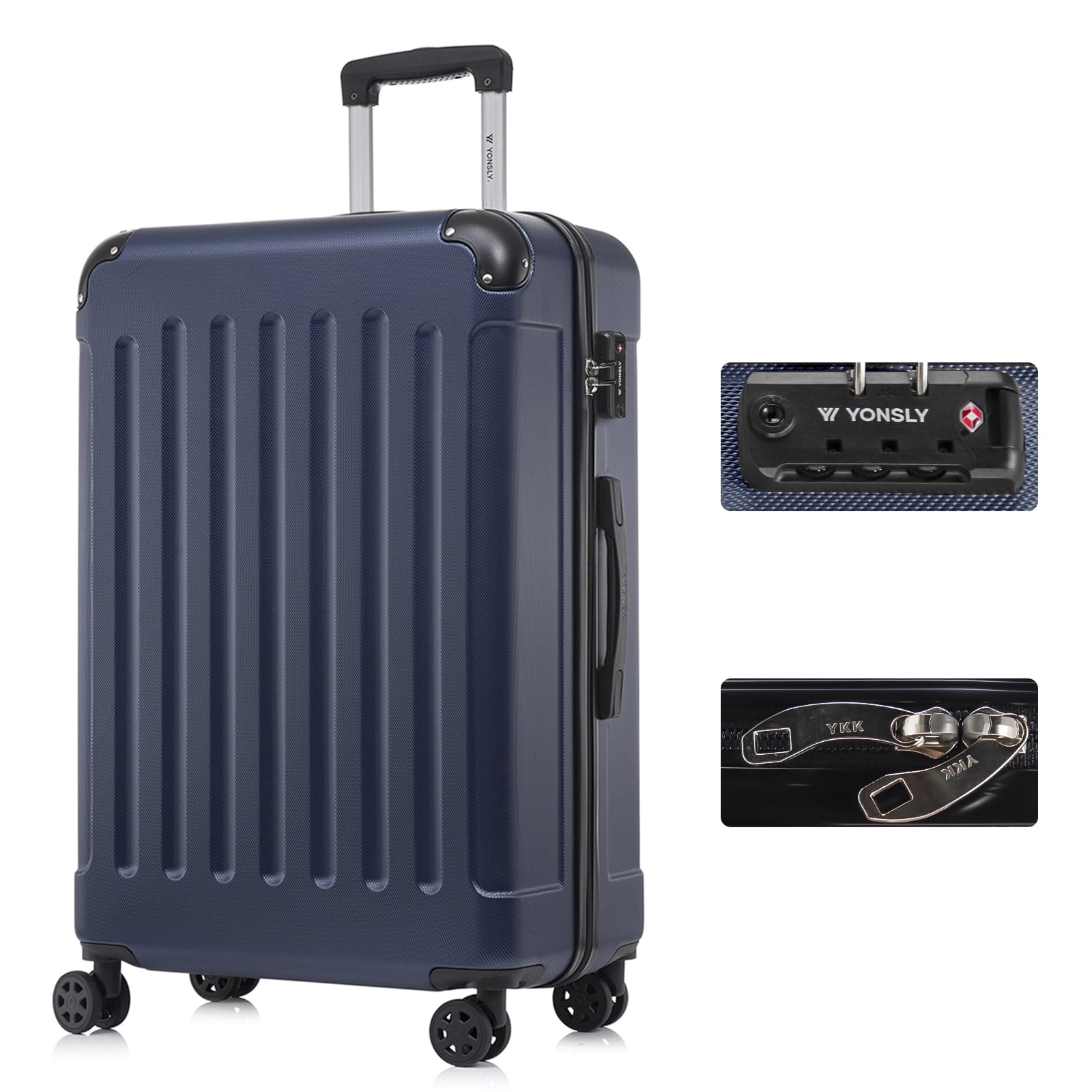 Valigia da Viaggio con Lucchetto TSA e Cerniera YKK, Guscio Rigido, 4 Ruote a 373°, Lucchetto a Combinazione, Maniglia Telescopica (Blu scuro, XL) | Valigia rigida, 4 ruote pivotanti a 360°, maniglia telescopica