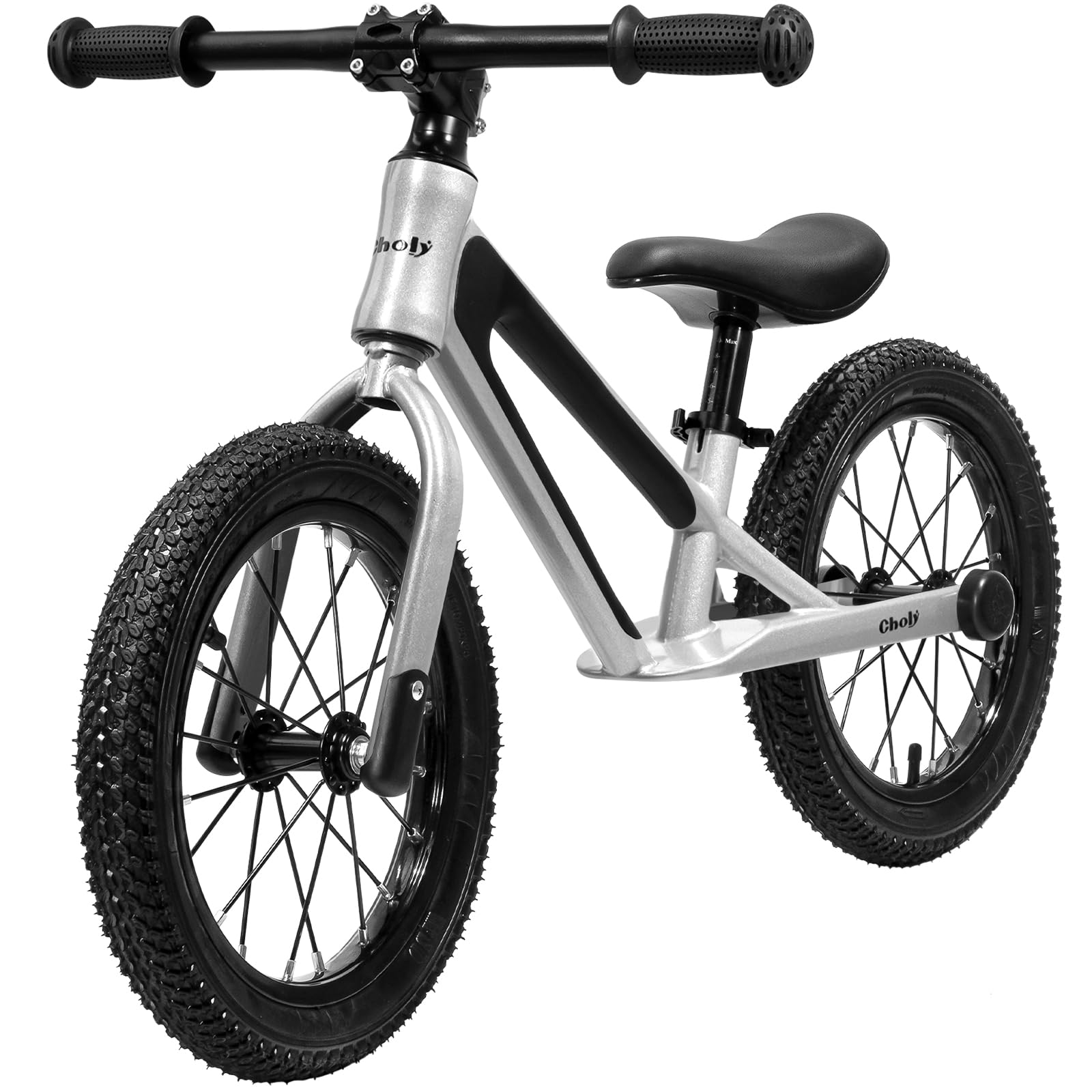 CHOLY 14 Inch Balance Bike for 3,4,5,6 Year Old Boys Girls, No Pedal Kids Bike with Adjustable Seat, Air Tires and Magnesium Alloy Frame, Lightweight Children's Traing Bicycle (Silver)