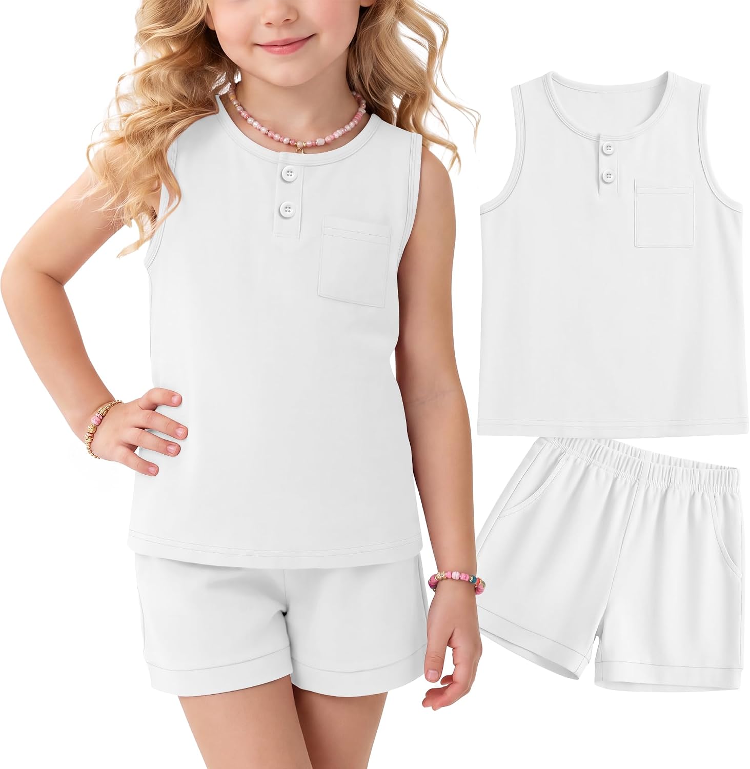 Yooo's Vivi Toddler Girls' 2 Piece Summer Outfits Henley Sleeveless Vest Elastic Waist Shorts Casual Basic Set with Pockets