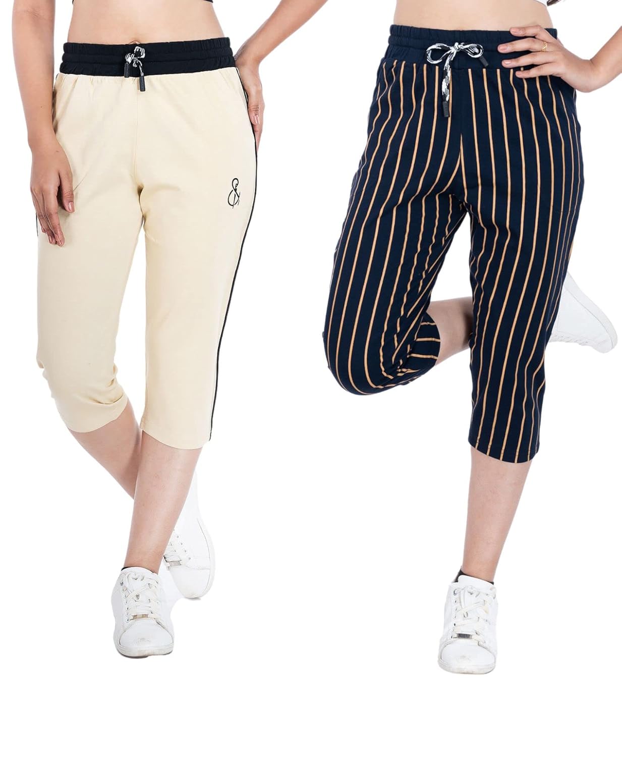 STYLEAONE Women’s 3/4 Activewear Capri Leggings – Comfortable Lounge Sports Pants with Elastic Waistband, Drawstring & Two Side Pockets (Pack of 2)