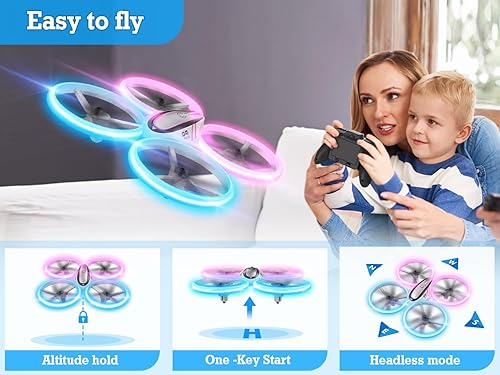 Miniatura 5 de Q9s Drones para niños, dron RC genial con retención de altitud y modo sin cabeza, cuadricóptero de pasatiempos con luz azul y rosa, 2 baterías y