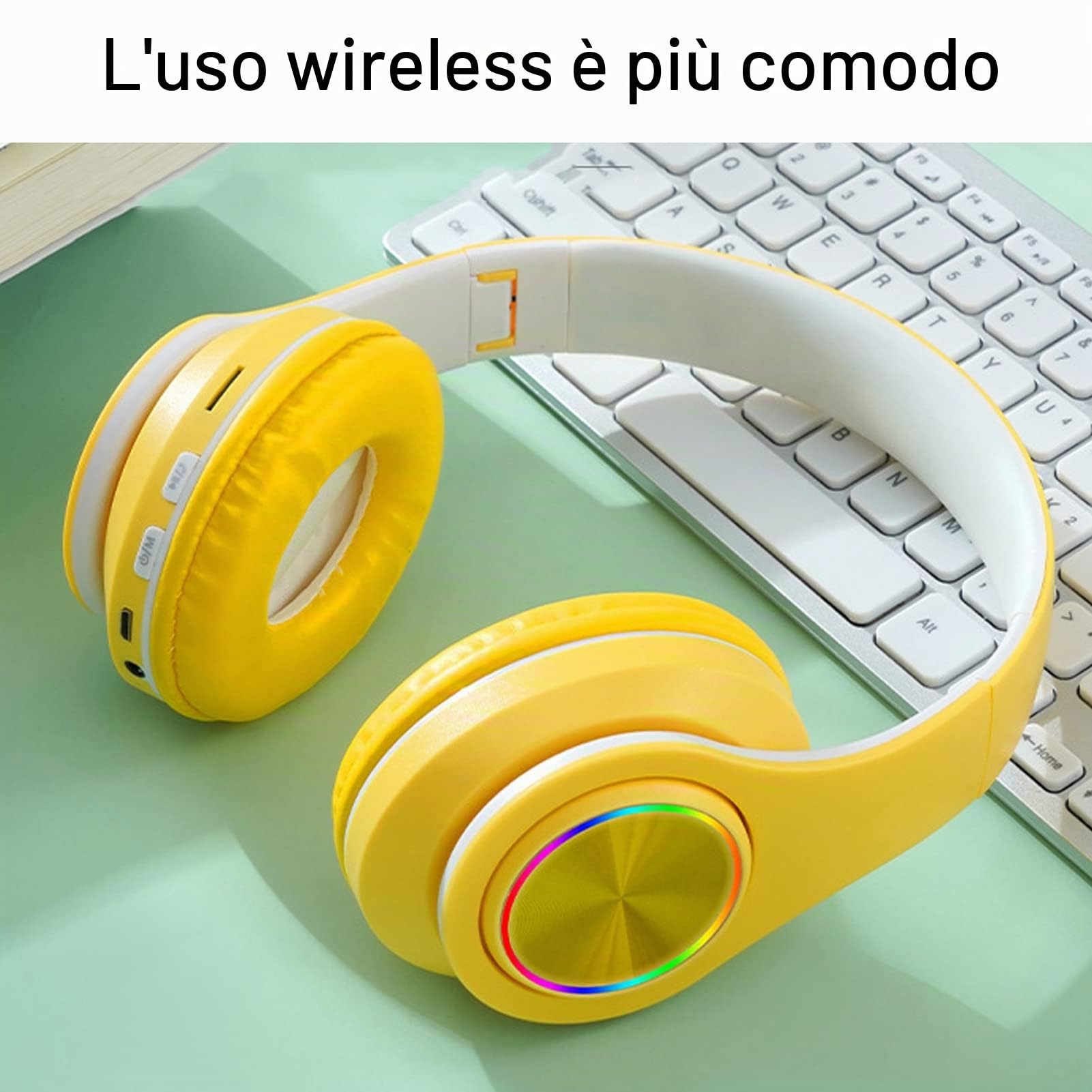 Cuffie con Cancellazione Attiva del Rumore, Cuffie Auricolari Wireless Bluetooth 5.0 Pieghevoli, Cuffie con Luce Colorata RGB, Cuffie Auricolari in Pelle PU, per Ragazzi, Ragazze(Giallo)