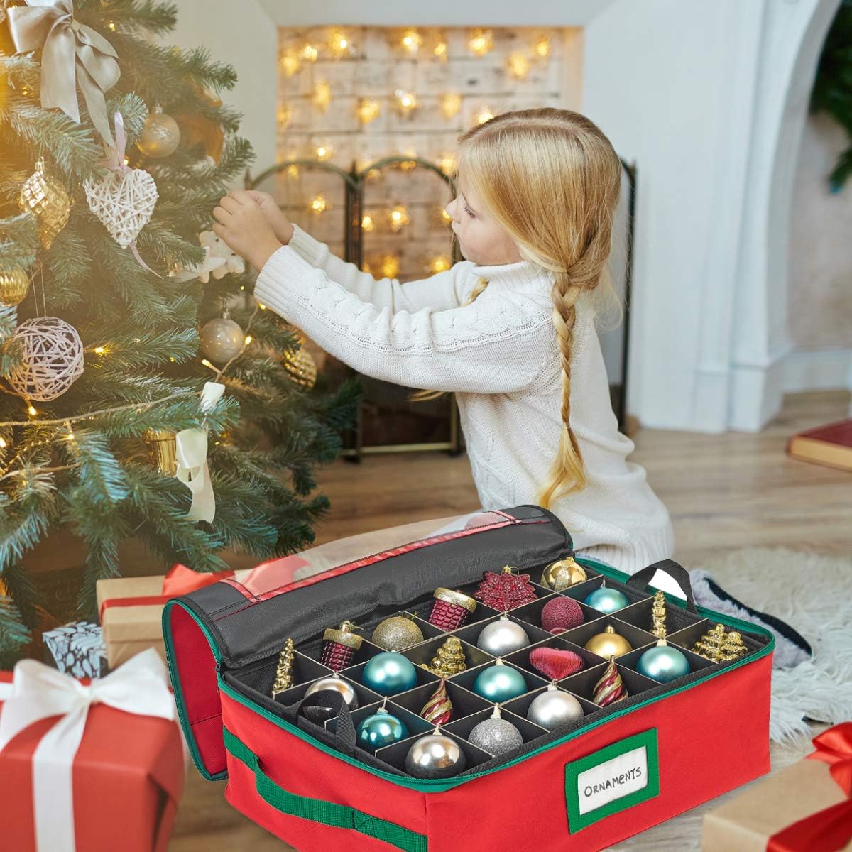 HOLDN’ STORAGE Aufbewahrungsbox Für Weihnachtsschmuck Unter Dem Bett Mit Trennwänden – Praktisch, Langlebig, 2 Einzelne, Herausnehmbare Fächer, Passend Für Bis Zu 48-3" Ornamente, Rot