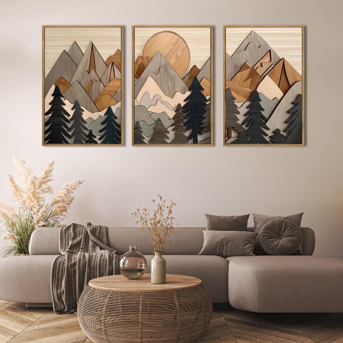 Set of 3 Mountain Wall Art Large Forest canvas Wall Decor pictures Woodcut Wooden Landscape poster Prints Abstract Landscape Nature Painting for Living Room Bedroom Office Unframed 16x24in