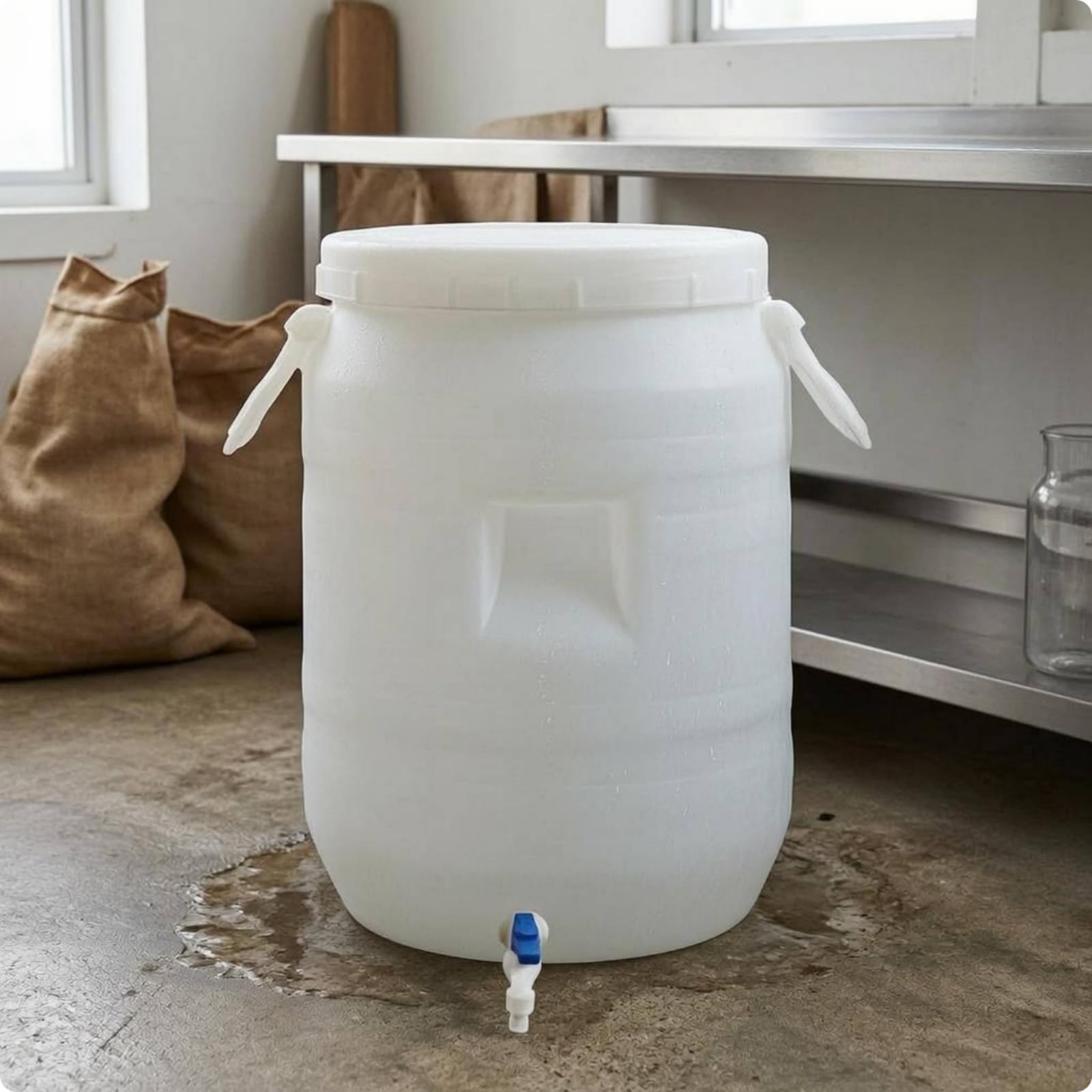 Colcolo Barile di Stoccaggio Secchio Contenitore Rubinetto Coperchio Maniglie Plastica HDPE per Conservazione Sicura Adatto per Cucina Magazzino Zona Servizi, 100 L, Coperchio Bianco, Con Rubinetto