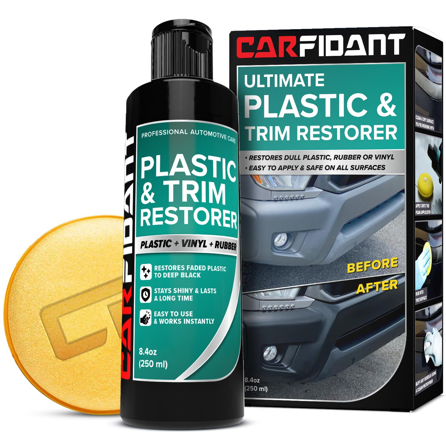 Carfidant Plastic Restorer for Cars – Refreshes Faded Plastic, Vinyl & Rubber Trim with Polish for Deep Shine – Protects Against UV & Dirt – Black Exterior & Interior Care for Detailing - 8.4 fl. Oz.