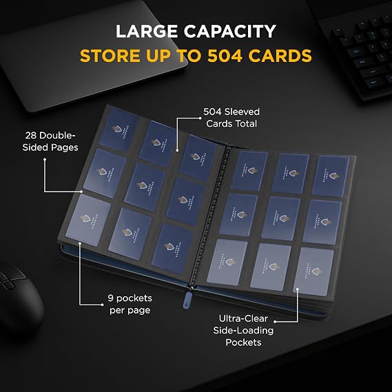 Card Guardian 9 Pocket Premium Binder with Zipper, Blue | Holds 504 Cards, Side Loading Pockets, Trading Card Games TCG