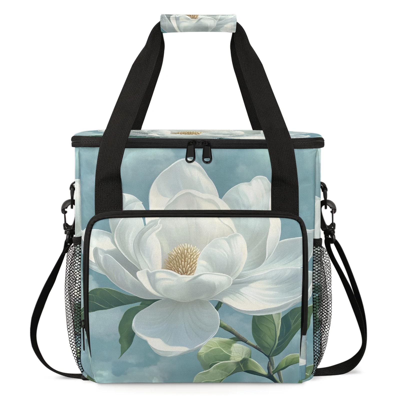Adornori White Flower Coffee Maker Travel Bag, Floral Insulated Grocery Bag Travel Picnic Leakproof Cooler Bags With Shoulder Strap