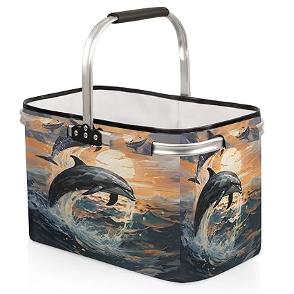 Kizmoglux Dolphin Sunset Collapsible Market Basket, Foldable Picnic Basket - Large Shopping Basket with Handles, Portable Folding Bag for Shopping Camping Picnic