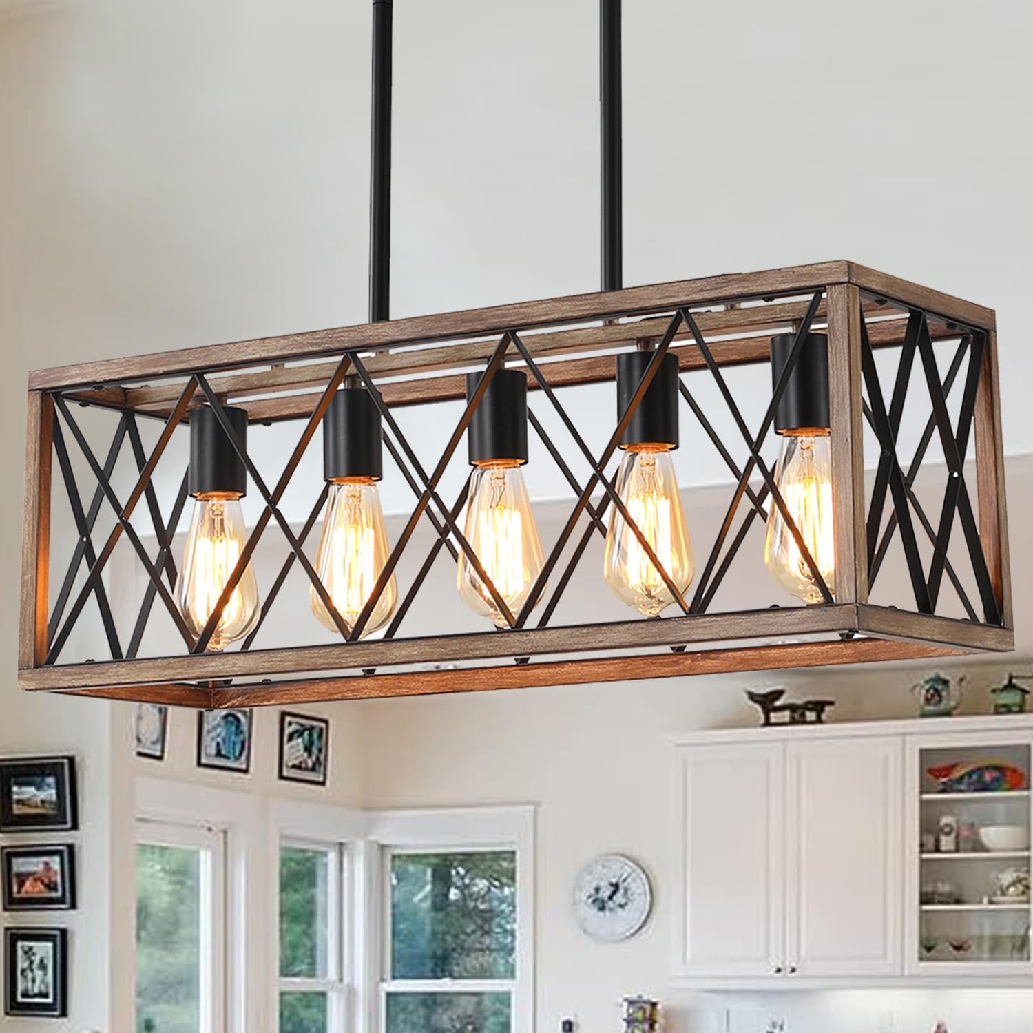 Farmhouse Light Fixtures,5-Light Dining Room Light Fixture,Height Adjustable, Industrial Metal Kitchen Pendant Lighting Over Island, Chandelier for Dining Table Kitchen Sink, Wood Grain Finish. 5 light?Wood color? Wood color