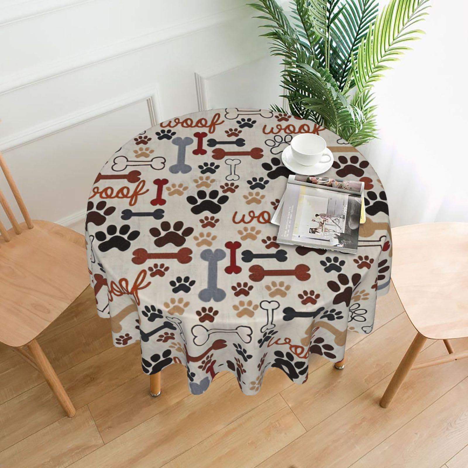 SDEGTHO Bone and paw print Print Modern Retro Round Tablecloth 60in Polyester Fabric Cover for Party Dining Table Washable