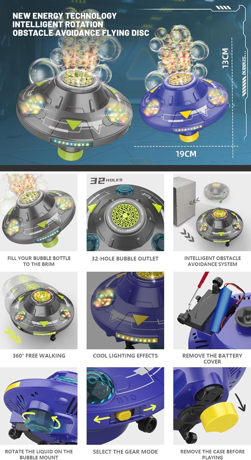 Bubble Machine, Automatic Rotating Disc Bubble Blower with Colorful Lights, Music and Obstacle Avoidance Function, Flying Saucer Toys for Indoor Outdoor Birthday Party