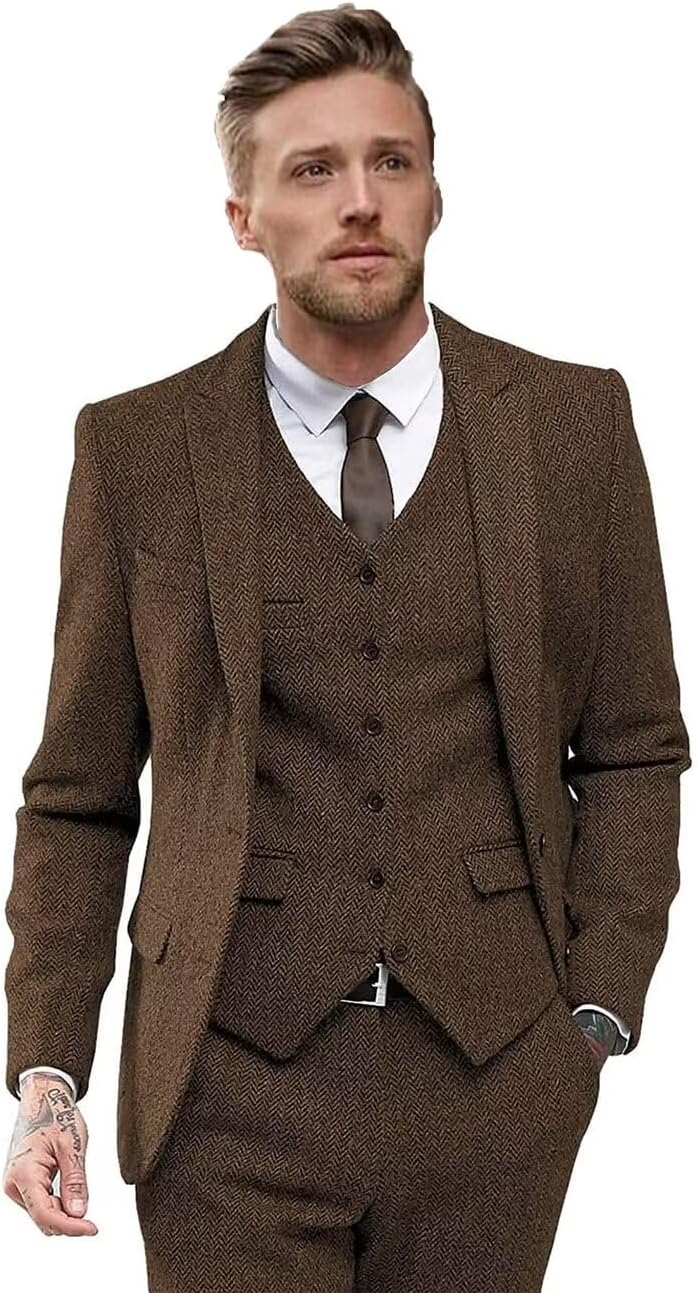 Wangyue Herringbone Tweed Suits for Men Slim Fit 3 Piece Suit Two Buttons Wool Suits 1920's Themed Wedding Suit
