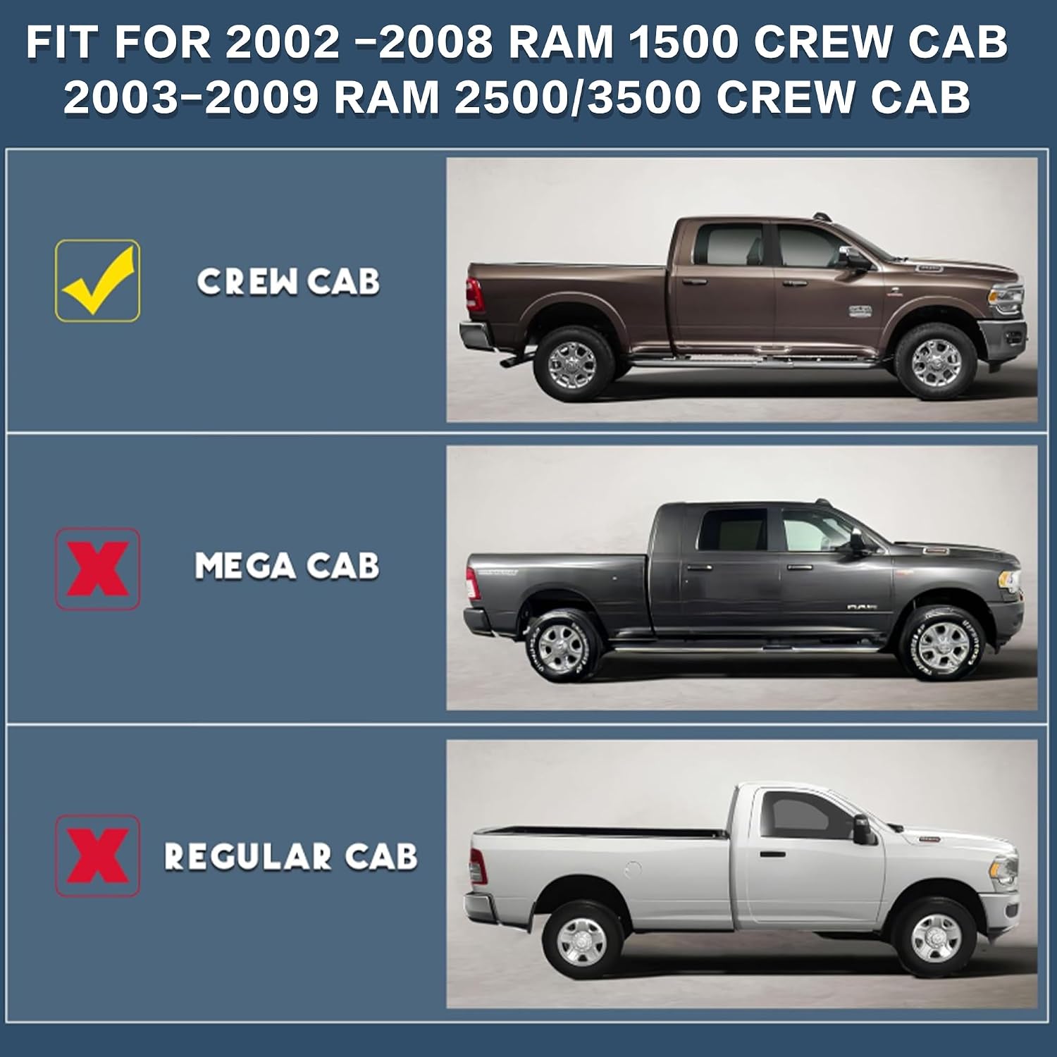 All Weather Floor Mat for 2002-2008 Dodge Ram 1500 Crew Cab & 2003-2009 Dodge Ram 2500/3500 Crew Cab, TPE Car Mat Full Set Front & Rear 3PCS,Custom Fit Floor Liners - Anti-Slip Waterproof