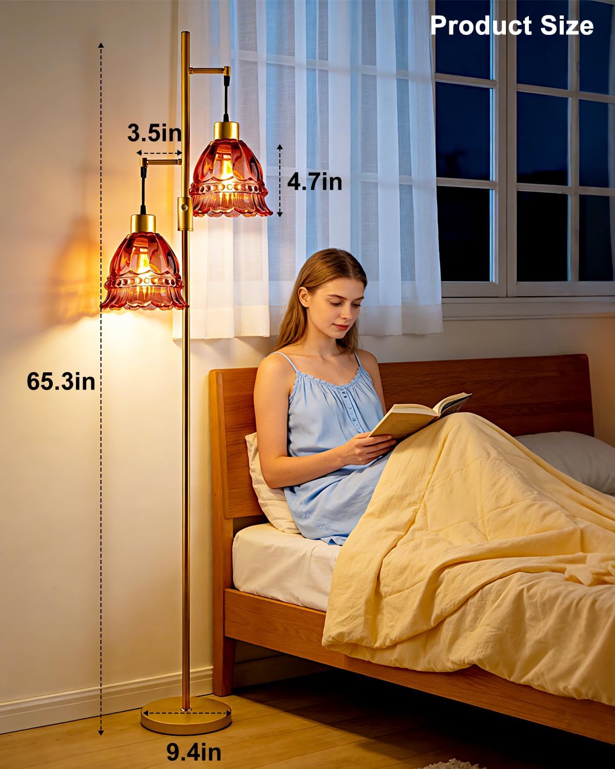 Lightdot 65IN Glass Floor Lamp for Living Room, 2- Light Gold Flower Floor Lamps with Rose Red Glass Lampshade,3000K Warm White Modern Standing Tall Lamp for Bedroom Corner Sofa Beside