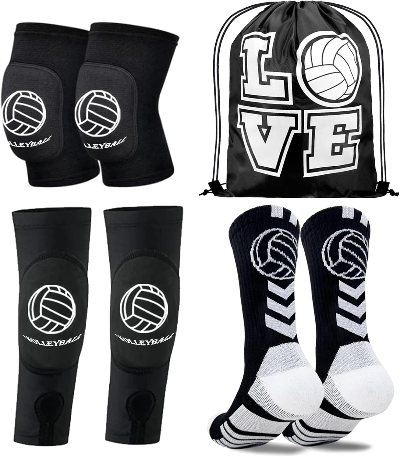 Youth Volleyball Gears - Knee Pads, Arm Sleeves, Socks & Drawstring Bag for Youth, Teen Girls Volley-Ball Training and Games