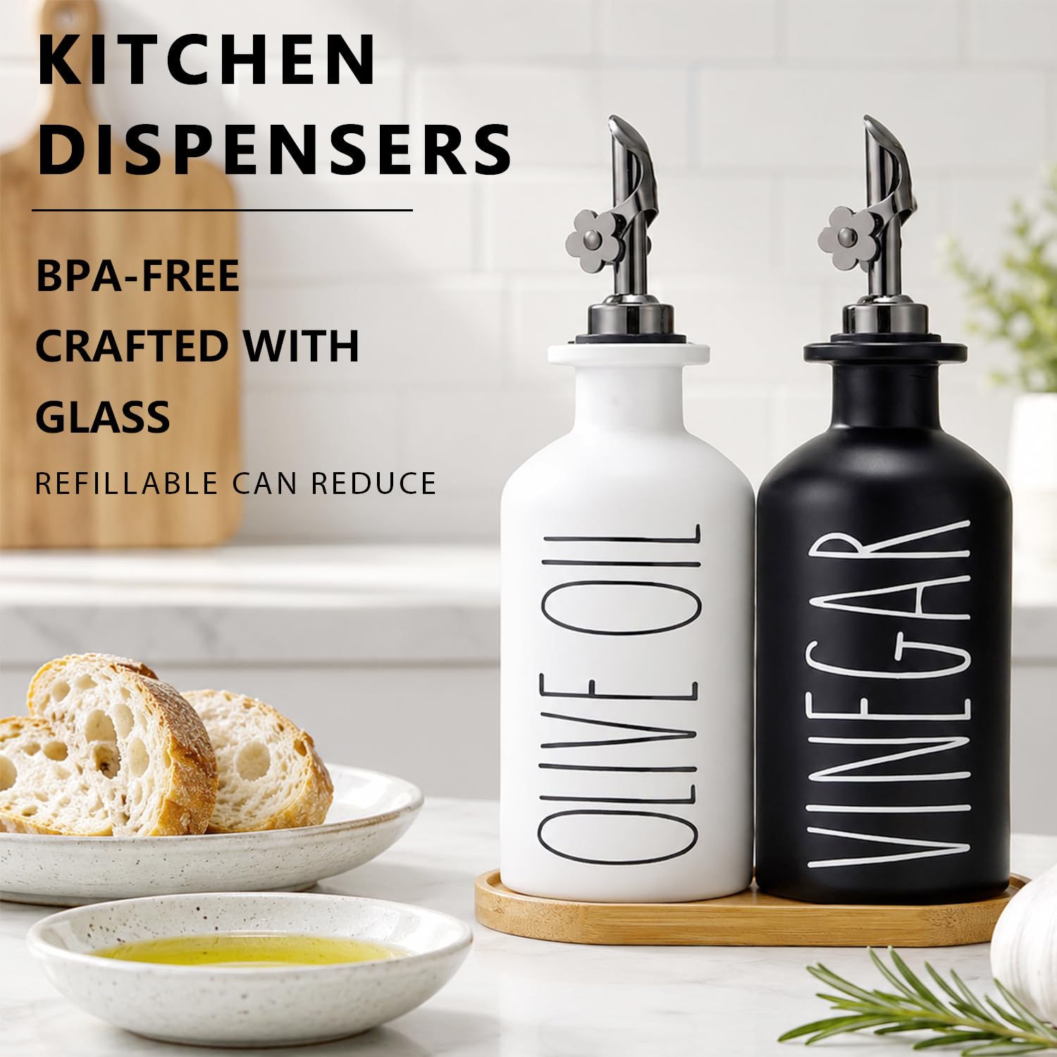 HOMCDALY Premium Olivenölspender für die Küche, Glasölflaschen mit Bambus-Tablett, Öl- und Essig-Menage-Set, Küchenspenderflaschen mit Ausgießer, 335 ml, Schwarz, Weiß, 2 Stück