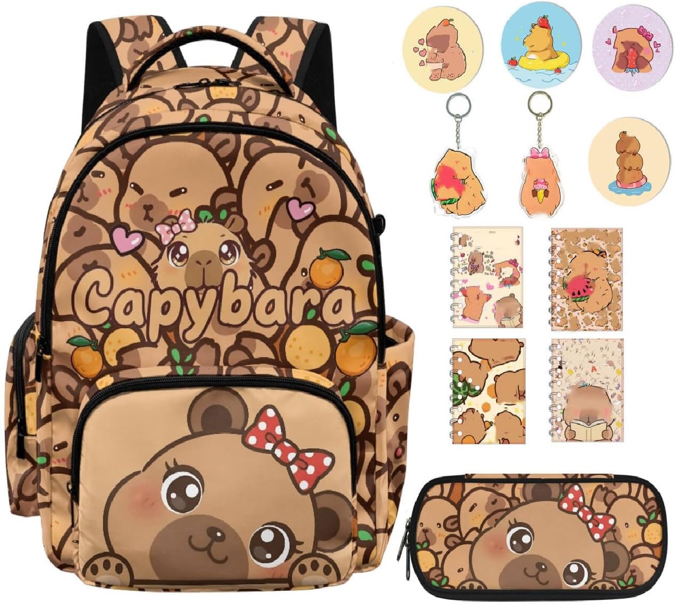 12 PCS Capybara Backpack with Pencil Case Lightweight Kids Backpacks with Adjustable Padded Straps Suitable for Elementary Middle School High School