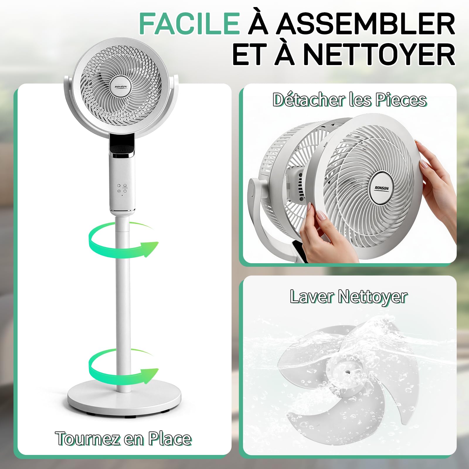 LEADZM Standventilator, leise, leistungsstark, omnidirektionale Oszillation 90 ° + 120 °, Höhe 62 – 110 cm, 8 Geschwindigkeitsstufen, Timer 15 Stunden (112 cm)