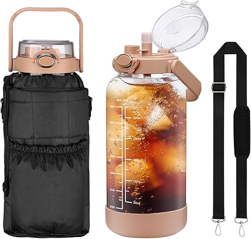 Miniatura 10 de Botella de agua de vidrio de 64 onzas con pajilla y funda, botella de agua motivacional de medio galón con marcador de tiempo y correa, 2 litros,