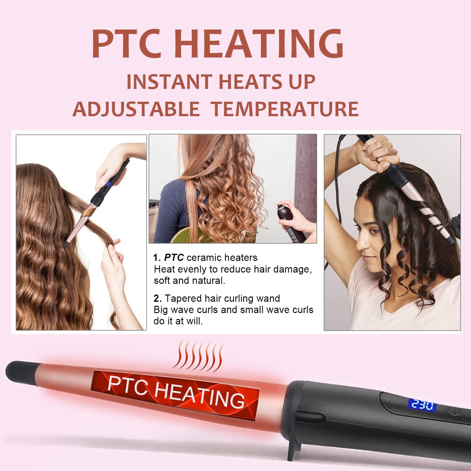 Curling Wand, Professional Ceramic 1/2-1 Inch Tapered Hair Curling Iron, LCD Display with 14 Heat Setting(190 to 450°F), Dual Voltage Instant Heating Hair Wand Curler for All Hair Type : Beauty & Personal Care