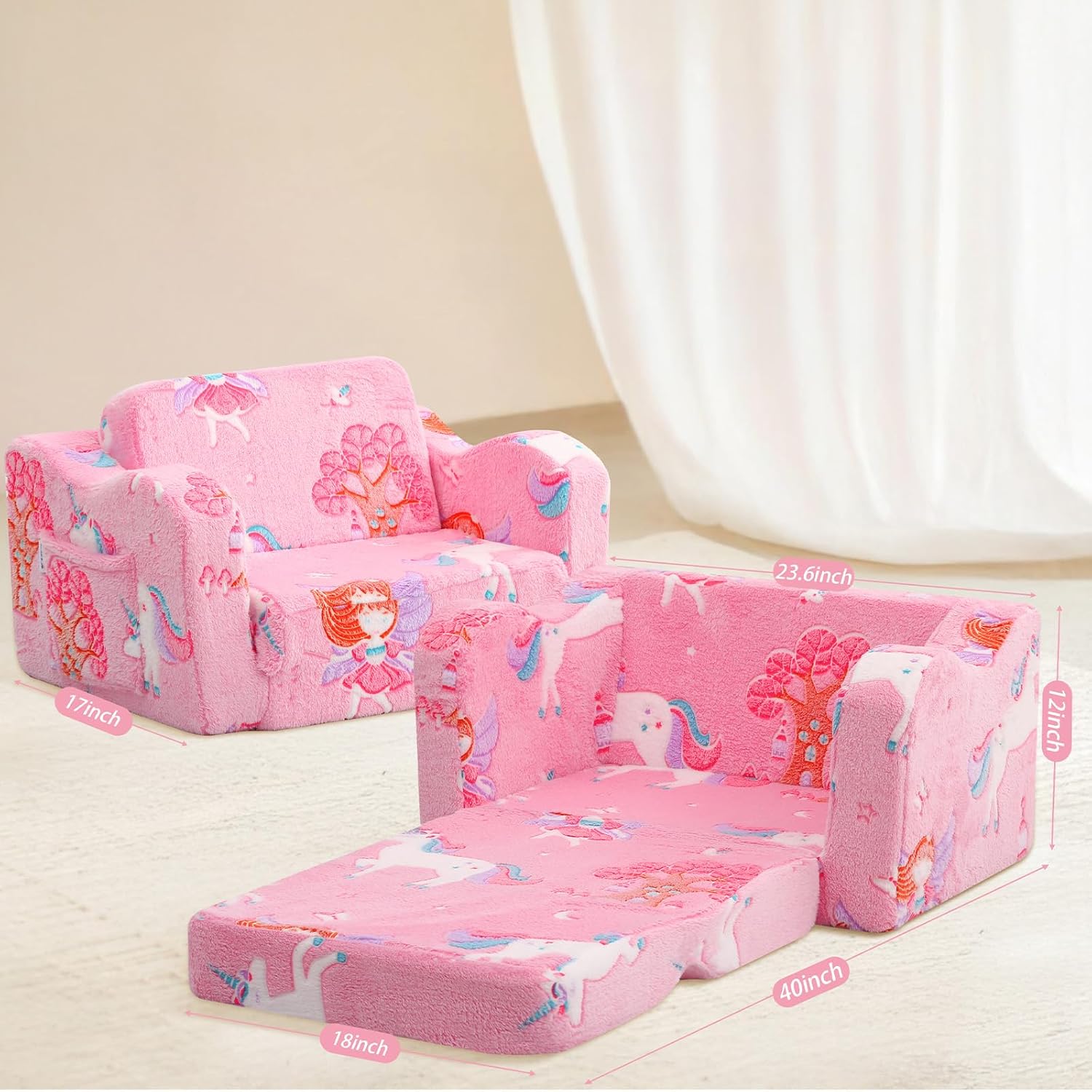 MeMoreCool Folding Toddler Chair, Glow-in-The-Dark Soft Plush Kids Fold-Out Couch Sofa, Comfy Baby Recliner for Girls and Boys (Pink Fairy) - Image 2