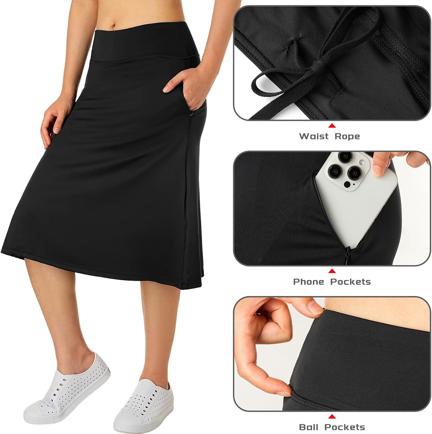Women Midi Knee Length Skorts Skirts with Zipper Pockets,26" Long Swim Skorts with Underneath