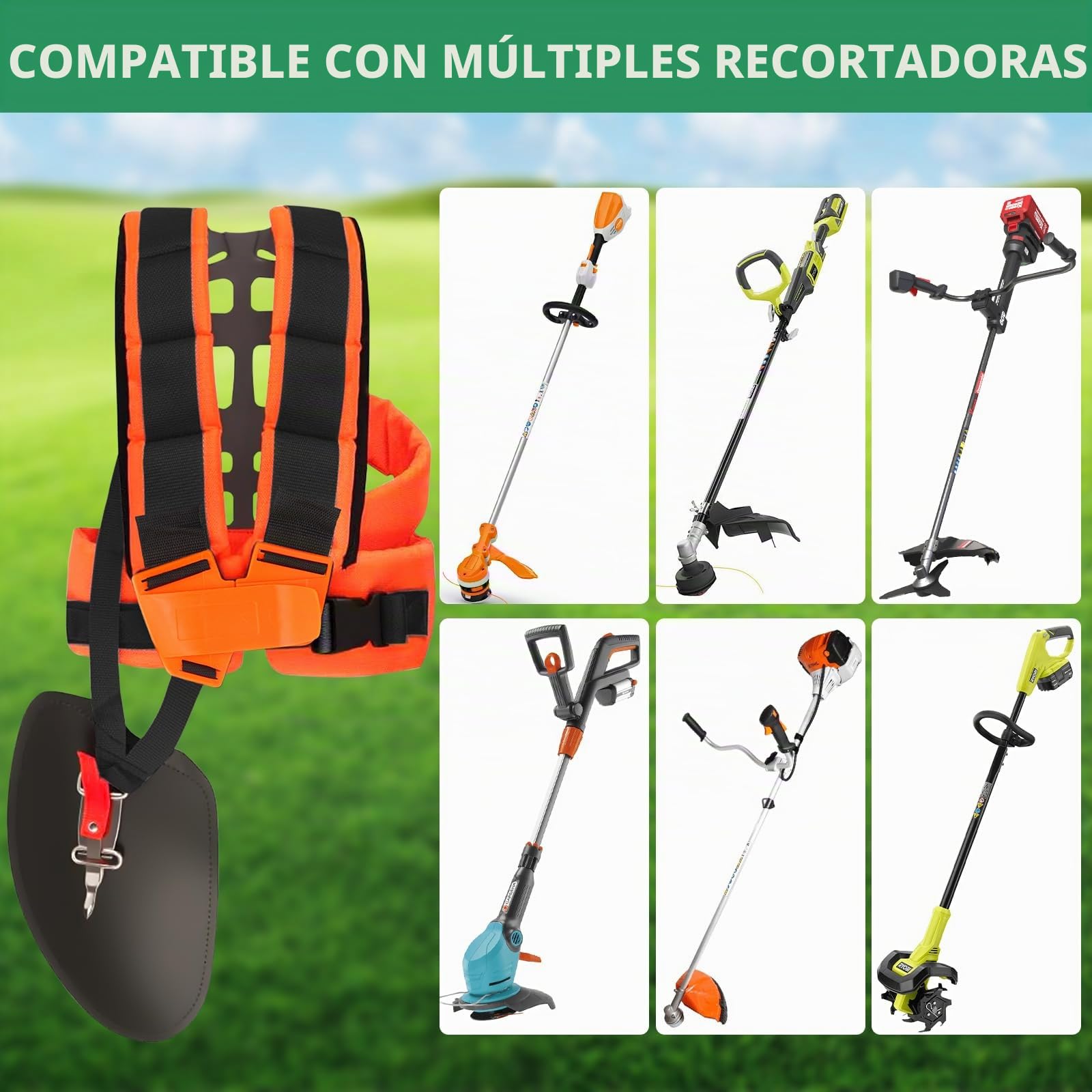 Arnés Doble para Desbrozadora, Correa Ajustable Universal con Acolchado Cómodo para Cortabordes Recortabordes, Tirantes Acolchados de Nylon para Trabajos de Jardinería (Naranja)