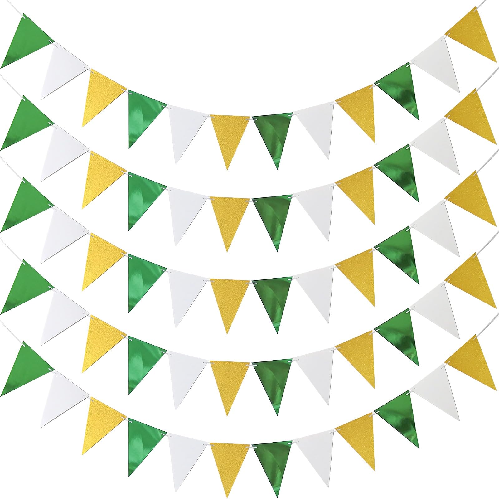5 Pcs Green Gold White Bunting Banner, Paper Triangle Flag Party Decorations, Pennant Banner Flags for Weddings, Bridal Showers, Birthday Parties