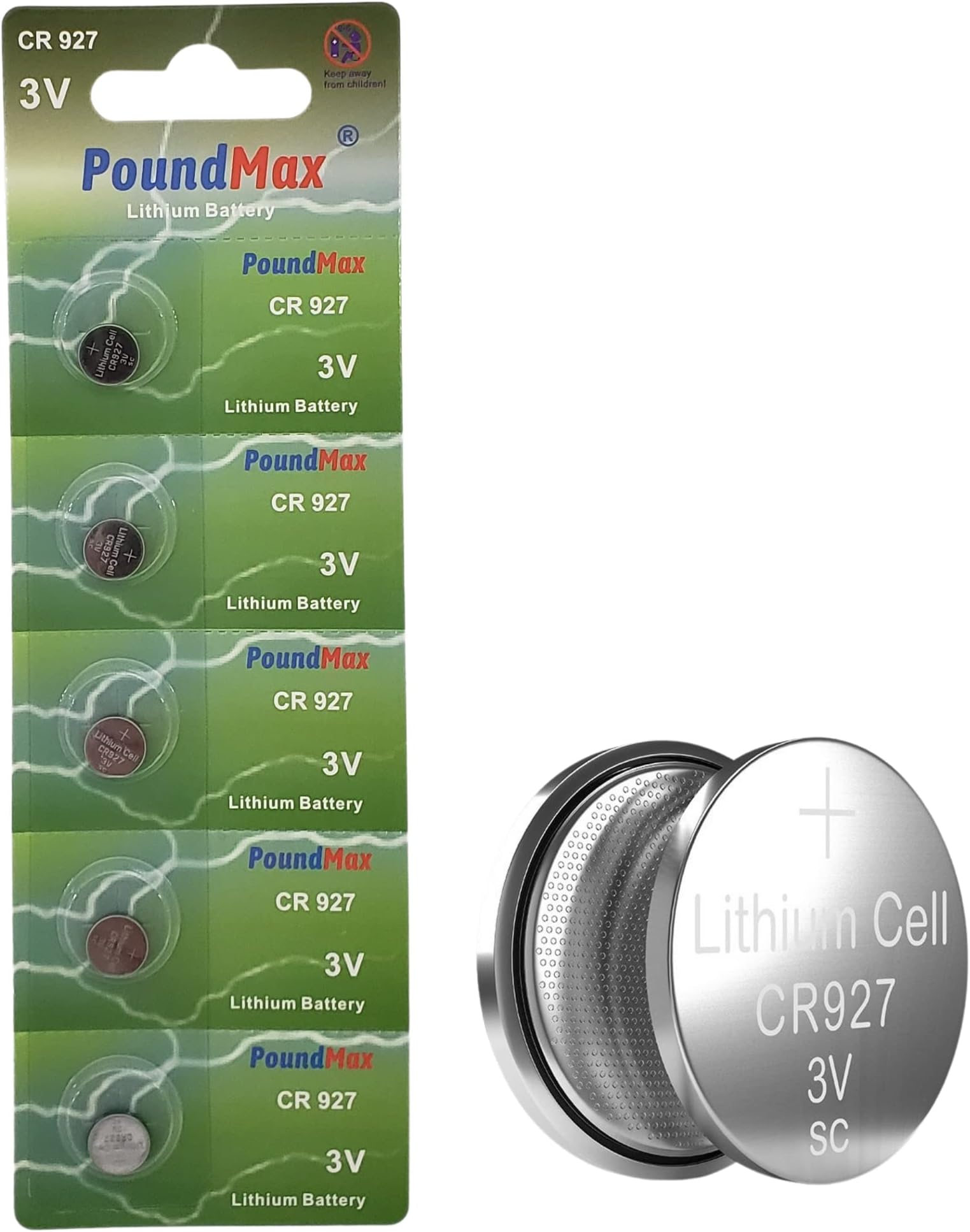 PoundMax Lithium CR927 Button Cell Batteries, 3 V, 1 x Blister Pack of 5