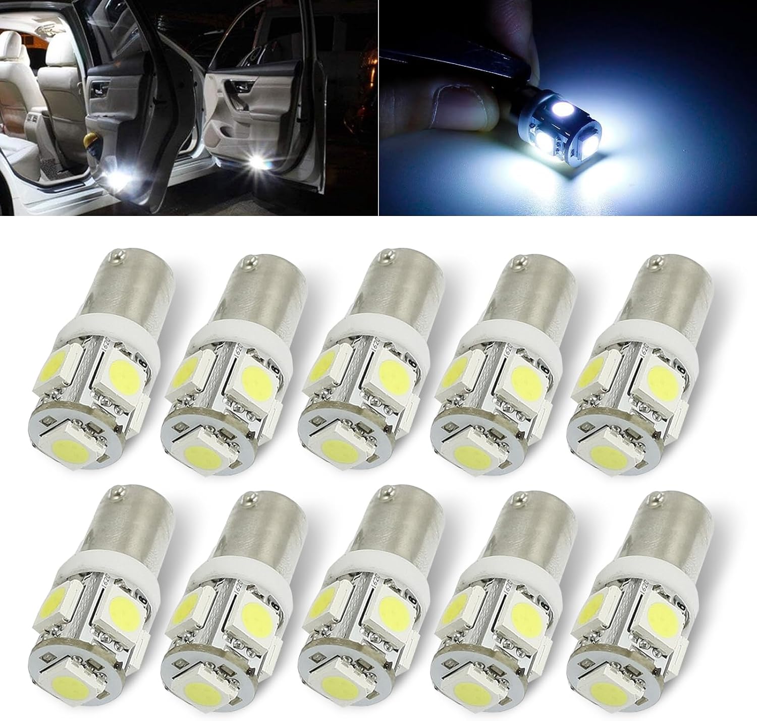 10 PCS Car BA9S-5SMD-5050 LED Lamp, DC 12V 360 Degree Illumination Instrument Lamp Reading Lamp, Standard Interface Plug-and-play Bulb, Universal Indoor Light Bulb Replacement for Cars (White)