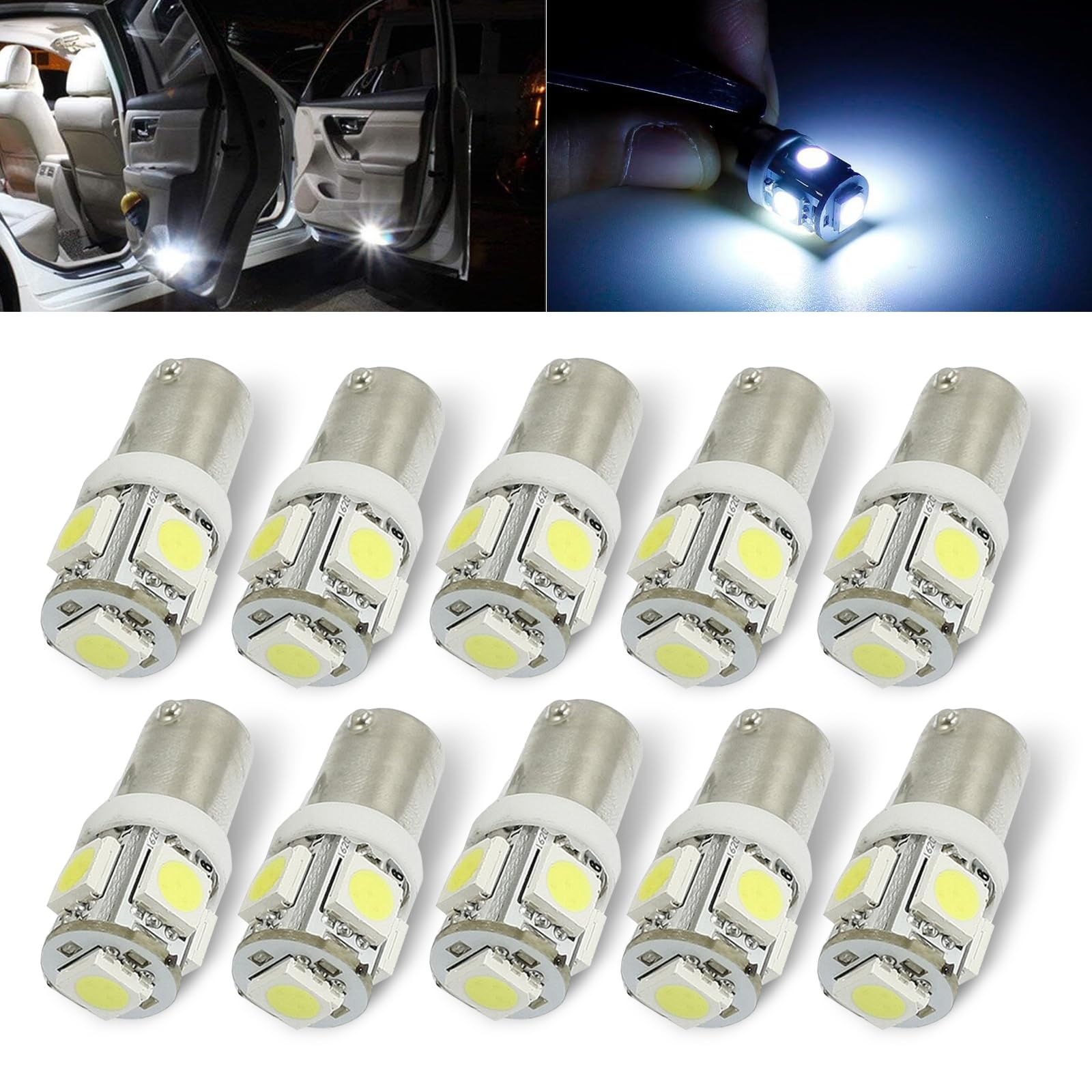 awlbed 10 PCS Car BA9S-5SMD-5050 LED Lamp, DC 12V 360 Degree Illumination Instrument Lamp Reading Lamp, Standard Interface Plug-and-play Bulb, Universal Indoor Light Bulb Replacement for Cars (White)